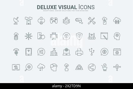 Beschreiben Sie digitale Webservices für die Speicherung und Übertragung von Informationen, die Synchronisierung von Backups und die Verteilung über das Netzwerk. Dünne schwarze und rote Strichsymbole der Datentechnologie setzen die Vektorillustration Stock Vektor