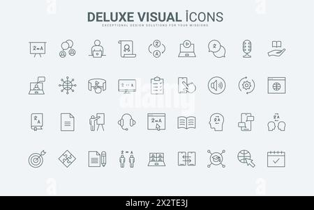 Online-Dienste und mobile Apps für Kommunikation und Textübersetzung, Sprachkenntnisse und Zertifikate dünne schwarze und rote Umrisssymbole, Vektorillustration. Lernen Sie Fremdsprachensymbole Stock Vektor