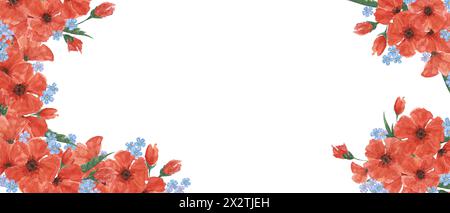 Rote Mohnblumen und Vergissmeinnots-Banner. Mohnblumenkompositionen. Handgezeichnete Aquarellillustration für Karte, Web-Banner, Gedenkveranstaltungen, US-Gedenktag, Anzac Day, Flyer, Banner, Verkauf Stockfoto