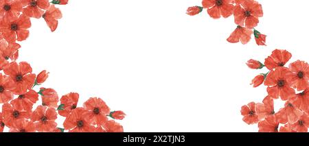 Banner für Webvorlagen mit rotem Mohnblumen. Mohnblumenkompositionen. Handgezeichnete Aquarellillustration für Karte, Design, Gedenkveranstaltungen, US-Gedenktag, Anzac Day, Flyer, Banner, Verkauf Stockfoto