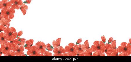 Banner für Webvorlagen mit rotem Mohnblumen. Mohnblumenkompositionen. Handgezeichnete Aquarellillustration für Karte, Design, Gedenkveranstaltungen, US-Gedenktag, Anzac Day, Flyer, Banner, Verkauf Stockfoto