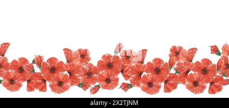 Nahtloser Rand mit rotem Mohn. Mohnblumenkompositionen. Handgezeichnete Aquarellillustration für Kartendesign, Webbanner, Gedenkveranstaltungen, US-Gedenktag, Anzac Day, Flyer, Banner, Verkauf Stockfoto