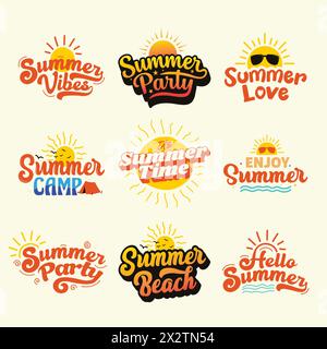 Typografie-Logo-Set für den Sommer. Bundle mit Retro-Schriftzug für die Sommerparty. Summer Vector Kollektion für T-Shirt-Print. Sommerelement, Grußkarte, Poster Stock Vektor