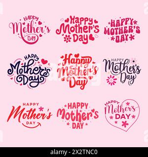 Handgezeichnetes Schriftenset für Happy Mothers Day. Muttertag-Grußkarten mit Herz- und Blume-Vektor-Illustration. Muttertag-Typographie-Bundle. Stock Vektor