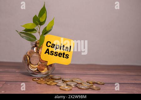 Geschäftskonzept. Auf den Finanzplänen liegen ein Stift und ein Schild mit der Aufschrift "Kapitalgewinn". Stockfoto