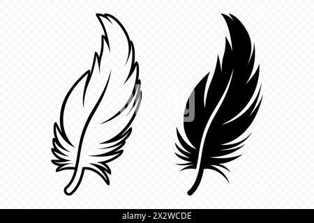 Vector Schwarz und weiß Logosymbole mit flauschigen Federn. Silhouette Feather Set Closeup Isoliert. Designvorlage für Flamingo, Engel, Vogelfeder. Leichtigkeit Stock Vektor