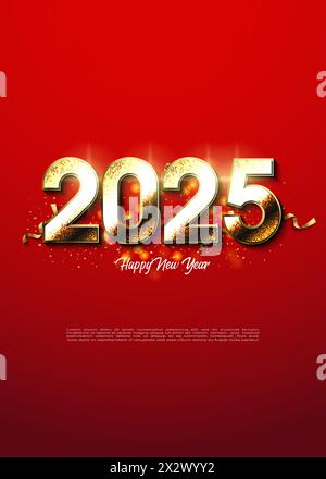 Happy New Year 2025 Bannervorlage mit strukturierten Goldnummern. Begrüßungskonzept für das Neujahrsfest 2025. Stock Vektor