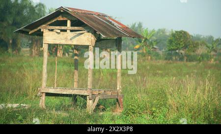 Einfache Gebäude und Hütten aus Holz und Dächer aus Sagoblättern Stockfoto