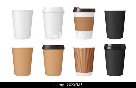 Realistische Kaffeepapierbecher und Becher Mockups, Karton und Kunststoffverpackung mit Deckeln, isolierter Vektor. Einweg-Kaffeetassen und -Tassen für heiße Getränke und Schluck Deckel aus weißem, braunem und schwarzem Papier Stock Vektor