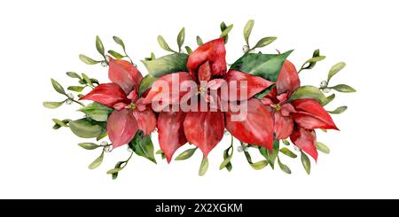 WeihnachtsWeihnachtsstern-rote Blume mit Omelaresten Aquarellkomposiiton. Neujahrsclips, Winterblumenstrauß zur Einladung, Grußkarte Stockfoto