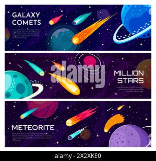 Galaxy-Universum-Banner. Kometen und Planeten, Sterne und Asteroiden. Horizontale Vektorkarten, erfassen die himmlische Majestät des Weltraums, lebendige Meteoriten, schimmernde Sternschnuppen und treibende Bolide Stock Vektor