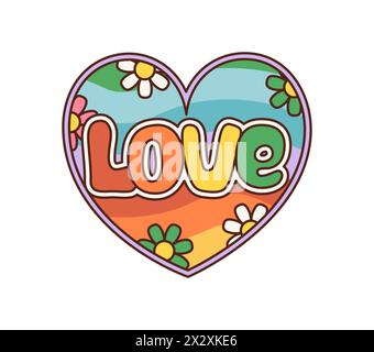 Cartoon Retro Grooviges Liebesherz mit Regenbogen, lebendigen, psychedelischen Farben und Gänseblümchen. Das isolierte Vektorsymbol verkörpert den freien Geist der Hippie-Bewegung der 60er und 70er Jahre oder des Valentinstages Stock Vektor