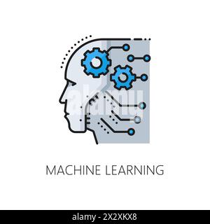 Farblinie für maschinelles Lernen Symbol für künstliche Intelligenz neuronales Netzwerk, isolierter Vektor. KI-Roboterhirn oder intelligente Intelligenz-Intelligenz-Lerntechnologie für AutoML und Neurowissenschaften Stock Vektor