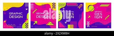 Memphis abstrakte geometrische Banner. Moderne quadratische Vorlagen mit leuchtenden Farben, schlichten Formen und auffälligen Mustern im Retro-modernen Stil der 1980er Jahre. Vektorkarten oder Medienbeiträge Stock Vektor