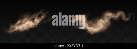 Sandstaubwolken isoliert auf transparentem Hintergrund. Vektor realistische Illustration des Wüstensandsturm-Effekts, schmutzige Rauchexplosion mit Schlammpartikeln, brauner Smog Dunst, trockener Boden Spritzer Stock Vektor