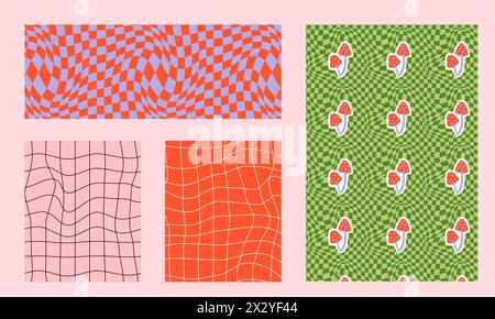 Psychedelisches Schachbrett und Gänseblümchen Hintergrund gesetzt. Wellige Vektor-Illustrationen, trendiger psychedelischer Stil und grooviges Farb-Schachbrett. Stock Vektor