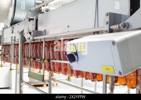 Braune Plastikflaschen für Bier werden in einer großen Brauerei auf Förderband gebracht. Stockfoto