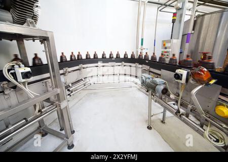 Braune Plastikflaschen mit frischem Bier werden in einer großen Brauerei auf Förderband gebracht. Stockfoto