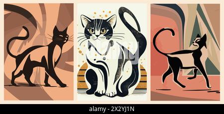 Set Retro-Poster mit süßen schwarzen Katzen Vektor. Stock Vektor