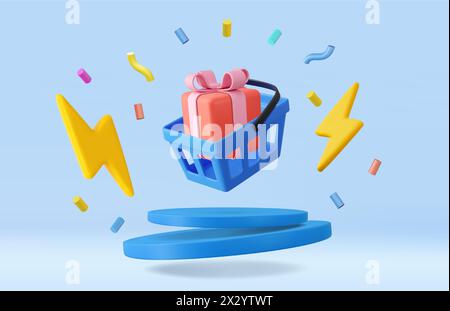 3D-Warenkorb mit Konfetti und Geschenkbox. Warenkorb. Online-Shopping. E-Commerce und digitales Marketing. Verkauf von Waren. 3D-Rendering. Stock Vektor