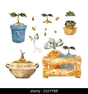 Set von Aquarellelementen für Landwirtschaft, Blumenzucht und Gartenarbeit, isoliert auf weißem Hintergrund. Blumentöpfe, Setzlinge, Gartenwerkzeuge. Design Stockfoto