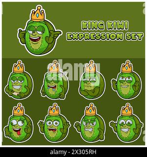 Cartoon Maskottchen von Kiwi Fuit Charakter mit König und Ausdruck Set. Vektor Und Illustration Stock Vektor