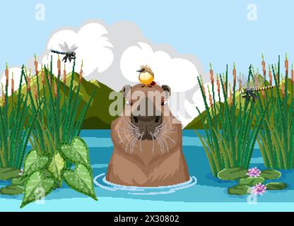 Vektor-Illustration der Tierwelt an einem ruhigen Teich. Stock Vektor