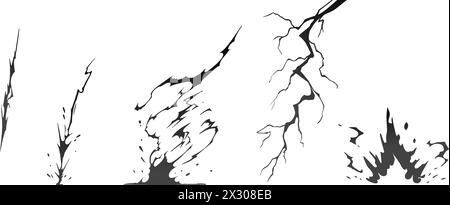 Blitzschlag Silhouetten Sequenzvektor-Illustration. Schwarze Blitze und Reißverschlüsse sind natürliche Phänomene, die auf einem dunklen Hintergrund isoliert sind. Th Stock Vektor