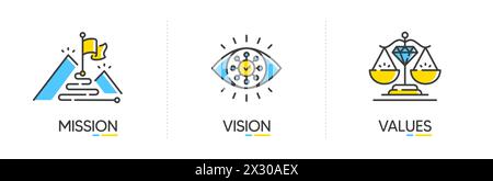 Mission, Vision und Werte des Unternehmens. Symbole für Zielziel, globale Ansicht und Skalierung. Erfolgsvorlage. Vektor Stock Vektor