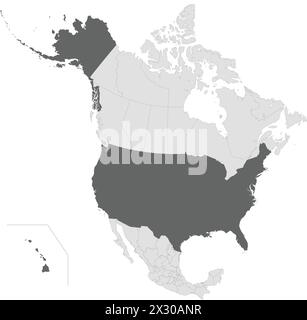Dunkelgraue Karte der VEREINIGTEN STAATEN in hellgrauer Karte des nordamerikanischen Kontinents Stock Vektor
