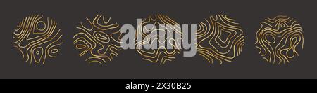 Kreisförmige Holzringe oder topografische Kartenlinien Texturset. Sammlung der topographischen abstrakten Linien des Holzbaums Stock Vektor