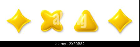 Set aus gelben verschiedenen 3D-Formen. Sterne, dreieckige Hochglanzelemente. Realistisches 3D-Design im Cartoon-Stil. Vektor Stock Vektor