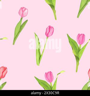 Nahtloses Muster mit rosa Tulpen. Handgezeichnete Tulpenblüten in Aquarellen. Muster für Design, Textil, Stoff, Geschenkpapier. Stockfoto