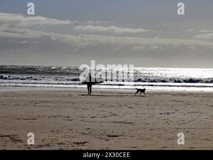 CW 8666 Surfer und Hund am Strand von Seaburn an einem Frühlingsmorgen spaziert ein Surfer den Strand im Badeort Seaburn hinauf, ohne sich von einem Hund belästigen zu lassen Stockfoto