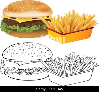 Farbenfrohe und umrissene Fast-Food-Artikel Stock Vektor