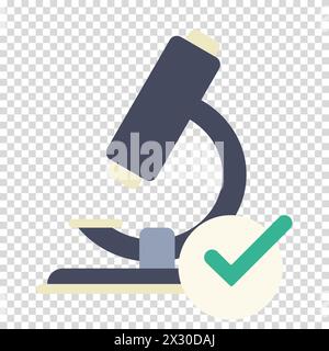 Lupe, Mikroskop mit grünem Häkchen in einem weißen Kreis, Qualitätskontrolle, flaches Design, einfaches Bild, Zeichentrickstil. Erfolgreiche Forschung Stock Vektor
