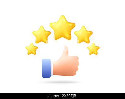 3D-Symbol für Kundenzufriedenheit. Feedback zur Qualitätsprüfung mit Sternen. Bewerten Sie den besten Service mit der Hand nach oben. Vektor Stock Vektor
