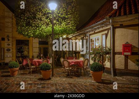 Nachtszene des Restaurants Under the Linden Tree im H C Andersen´s House, Odense, Dänemark, 19. April 2024 Stockfoto