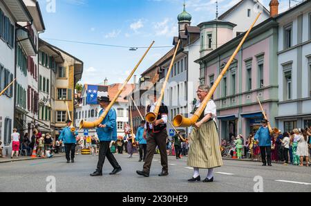 Die Alphorn- und Fahnenschwinger Vereinigung widerspiegelt die Schweizer Tradition. (Bad Zurzach, Schweiz, 12.06.2022) Stockfoto