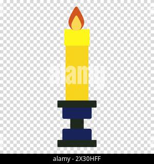 Helle gelbe Kerze in blauem Kerzenhalter, Licht, Wärme, Religion, Urlaub, flaches Design, einfaches Bild, Cartoon-Stil. Komfort und Gemütlichkeit. Ve Stock Vektor