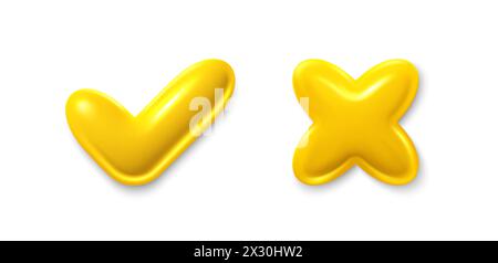 Richtig und falsch 3D-Tasten. Quiz-Antwortzeit Spiel. Glänzende runde Symbole mit Häkchen, Kreuz. Vektor Stock Vektor