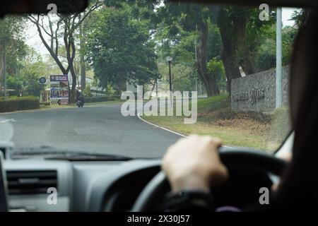 Der Fahrer fährt auf einer Straße, die von Bäumen umgeben ist Stockfoto