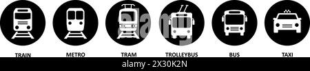 Symbole für Bus, Straßenbahn, Trolleybus, U-Bahn, Zug und Auto als Symbole für den Personenverkehr in der Stadt Stock Vektor