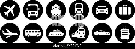 Flugzeuge, Flugzeuge, Busse, Schiffe, Züge und Autos als Symbole für den Transport auf Reisen Stock Vektor