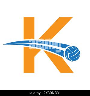 Volleyball-Logo auf Buchstabe K-Konzept mit beweglichem Volleyball-Symbol. Volleyball-Schild Stock Vektor