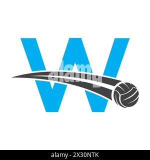 Volleyball-Logo auf Buchstabe W-Konzept mit beweglichem Volleyball-Symbol. Volleyball-Schild Stock Vektor