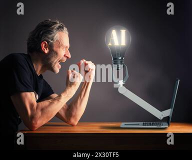 Der Mensch versucht, sich gegen die KI zu verteidigen, der Mann mit einem Laptop, von dem die Roboterhand eine Glühbirne hält, KI ersetzt Menschen Stockfoto