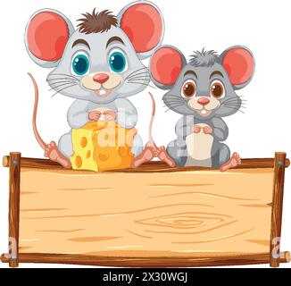 Zwei süße Mäuse teilen sich Käse auf einem Holzschild. Stock Vektor