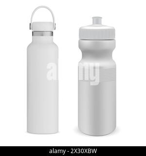 Wassersportflasche mit Verschluss. Design der Trinkflasche für Branding und Werbeaktionen. Thermo Tin Can Mockup-Vorlage. Wiederverwendbare Fahrradflasche realistische Illustrationen Stock Vektor