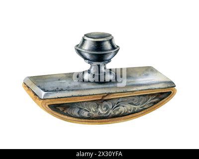 Alte Vintage Briefbeschwerer, Presspapier mit beigem Pergamentpapier in antikem Stil. Aquarellabbildung für Designvorlagen für Buch D Stockfoto
